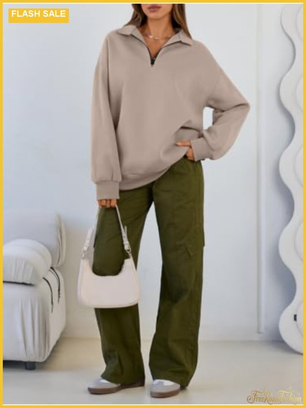 Oversized Half Zip Fleece Sweatshirt Cotton Blend Mock Neck Pullover - Picture 5 of 6